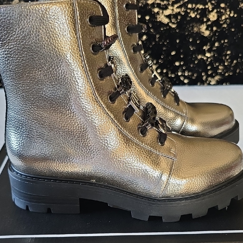 Karl Lagerfeld Paris Metallic Silver Boots with Simmering Chain Accents - Picture 9 of 13